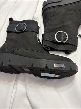 DKNY Black Platform Lug Heel Ankle Boots with Silver Logo Plaques